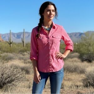 DAVID BITTON BUFFALO Pink Coral White Polka Dot Shirt Casual Button Up Fitted S